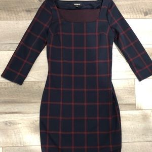 Express navy blue checked 3/4 sleeve fitted dress